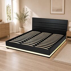 King Size Bed Frame with Gas Lift Storage LED Lighting Black Padded Headboard