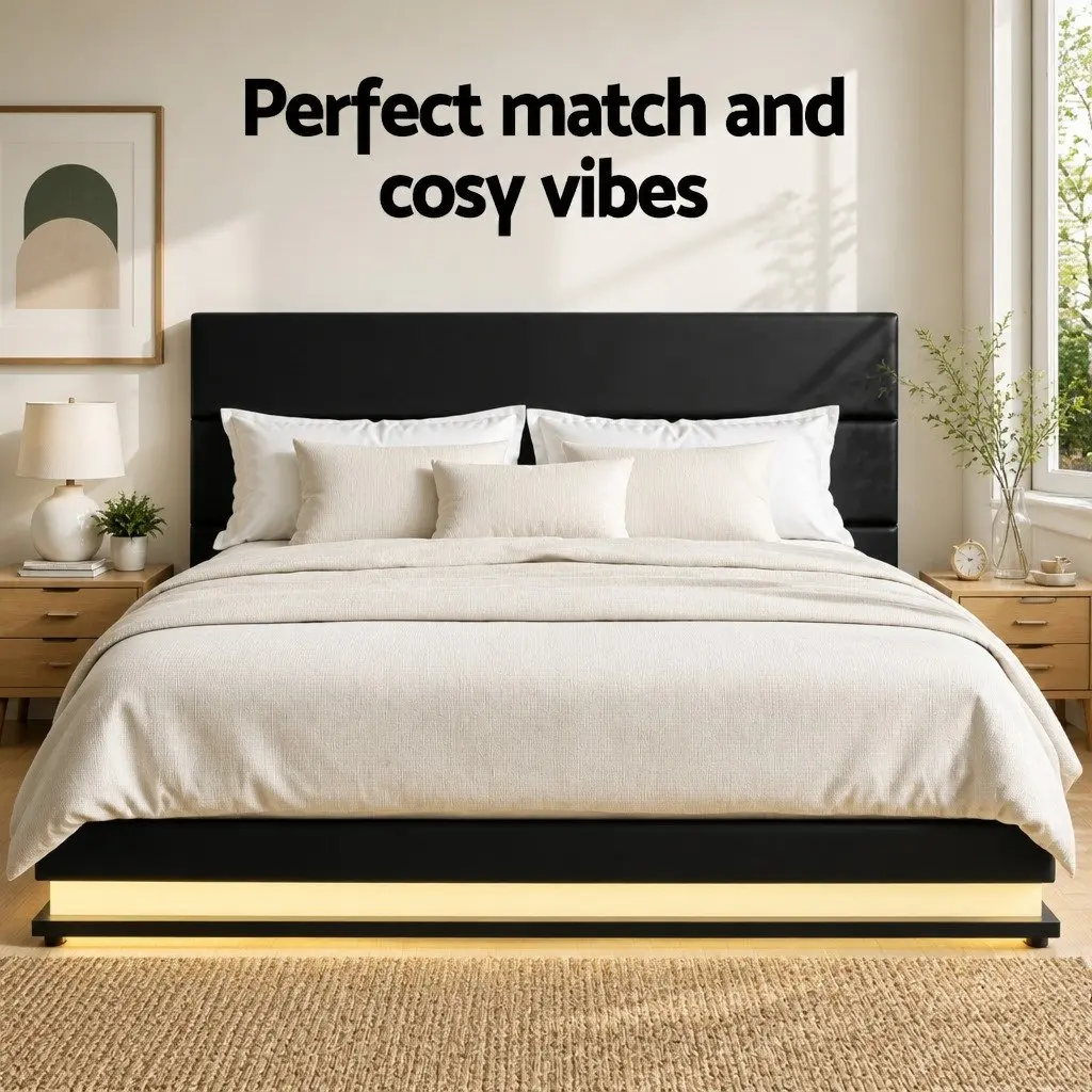 Queen Size Black Upholstered Bed Frame with LED Lighting and Gas Lift Storage