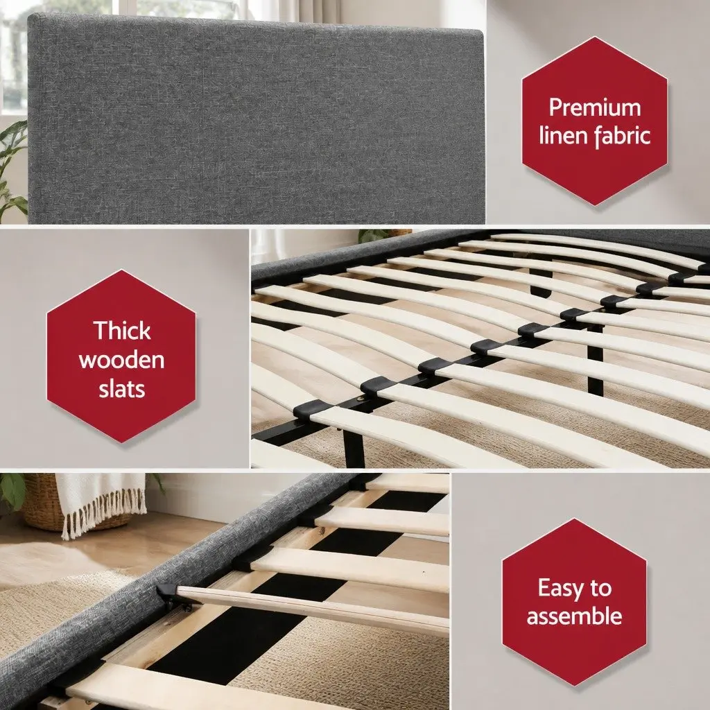 Double Bed Frame Grey Upholstered Padded Headboard Wooden Slat Base Modern