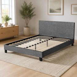 Queen Size Bed Frame Grey Upholstered Padded Headboard Wooden Slat Base Modern