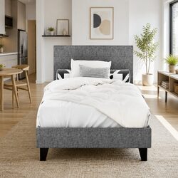 Single Bed Frame Grey Upholstered Modern Bedroom Furniture with Padded Headboard