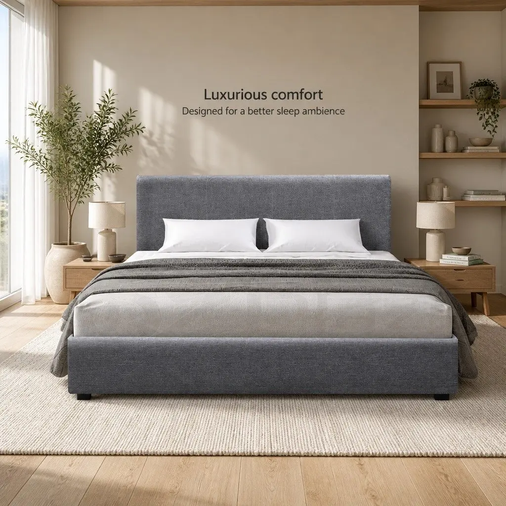 Double Bed Frame Grey Upholstered Faux Linen Gas Lift Storage