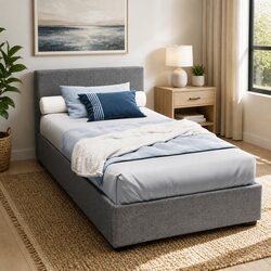 King Single Bed Frame Gas Lift Storage Grey Upholstered Padded Headboard