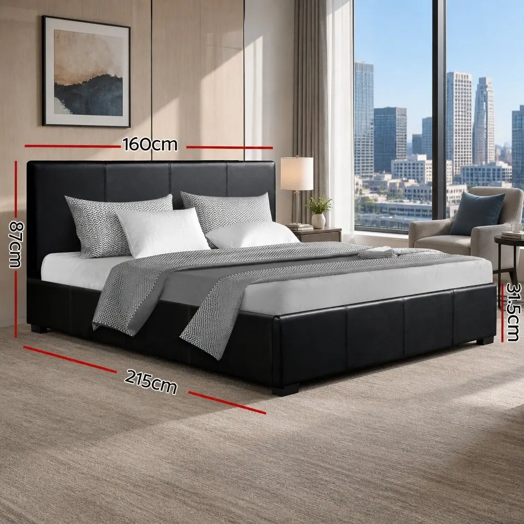 Queen Size Bed Frame with Gas Lift Storage Black Upholstered Headboard Sturdy Steel Construction