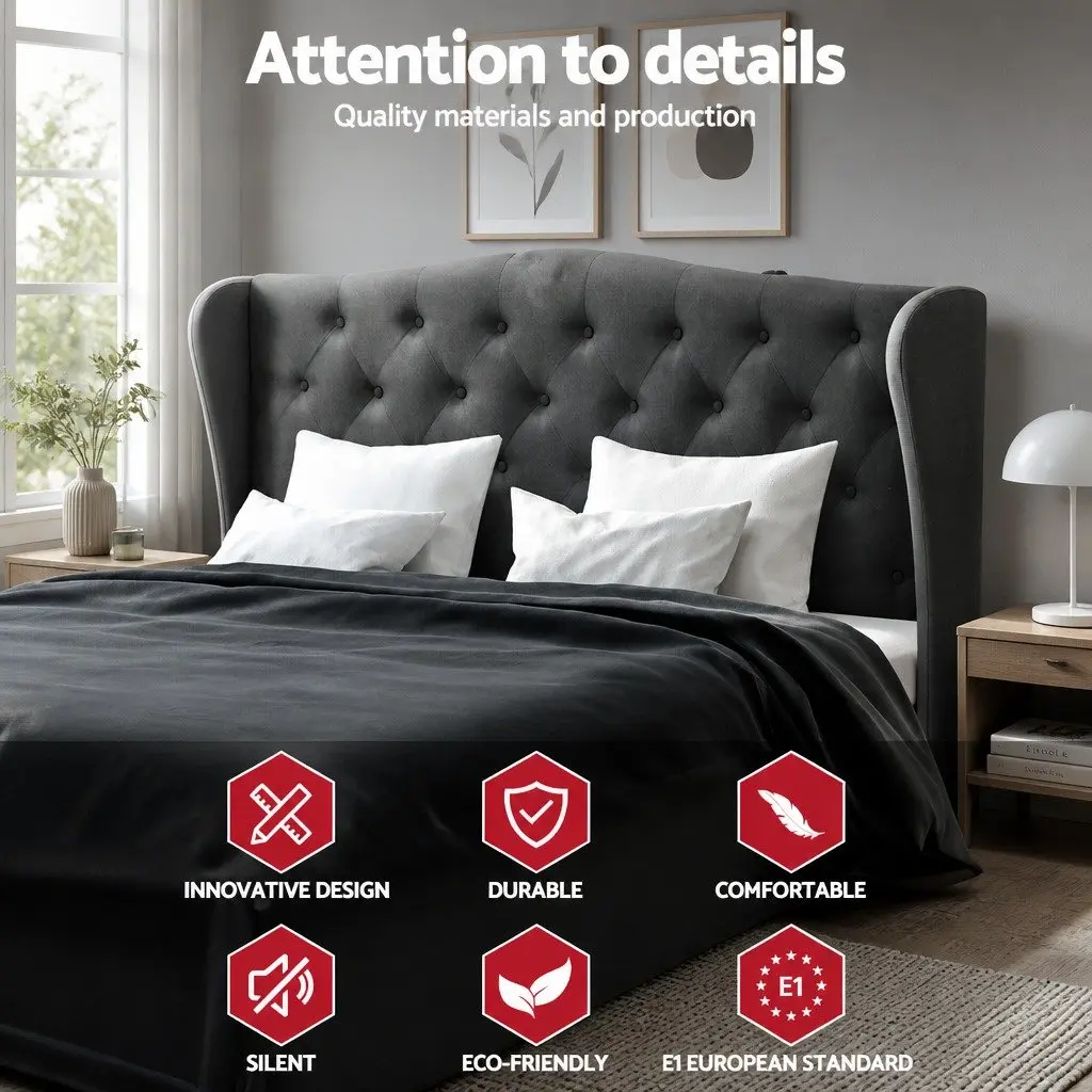 Queen Size Bed Frame Charcoal Upholstered Wing Headboard Sturdy Steel Frame Wooden Slat Base