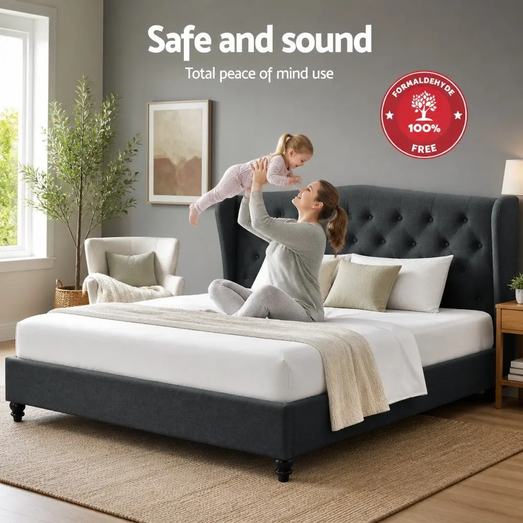 Queen Size Bed Frame Charcoal Upholstered Wing Headboard Sturdy Steel Frame Wooden Slat Base