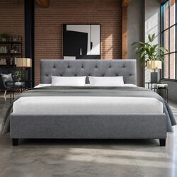 Double Bed Frame Grey Upholstered Headboard Wooden Slats Metal Legs Bedroom