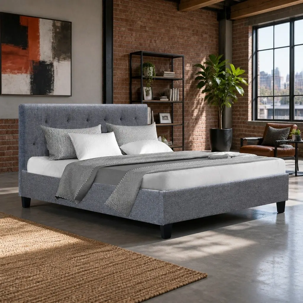 Grey Upholstered Double Bed Frame with Tufted Headboard Solid Wooden Slats and Metal Legs for Standard Mattress