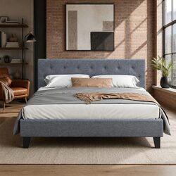 Queen Size Bed Frame Grey Upholstered Padded Headboard Wooden Slat Base