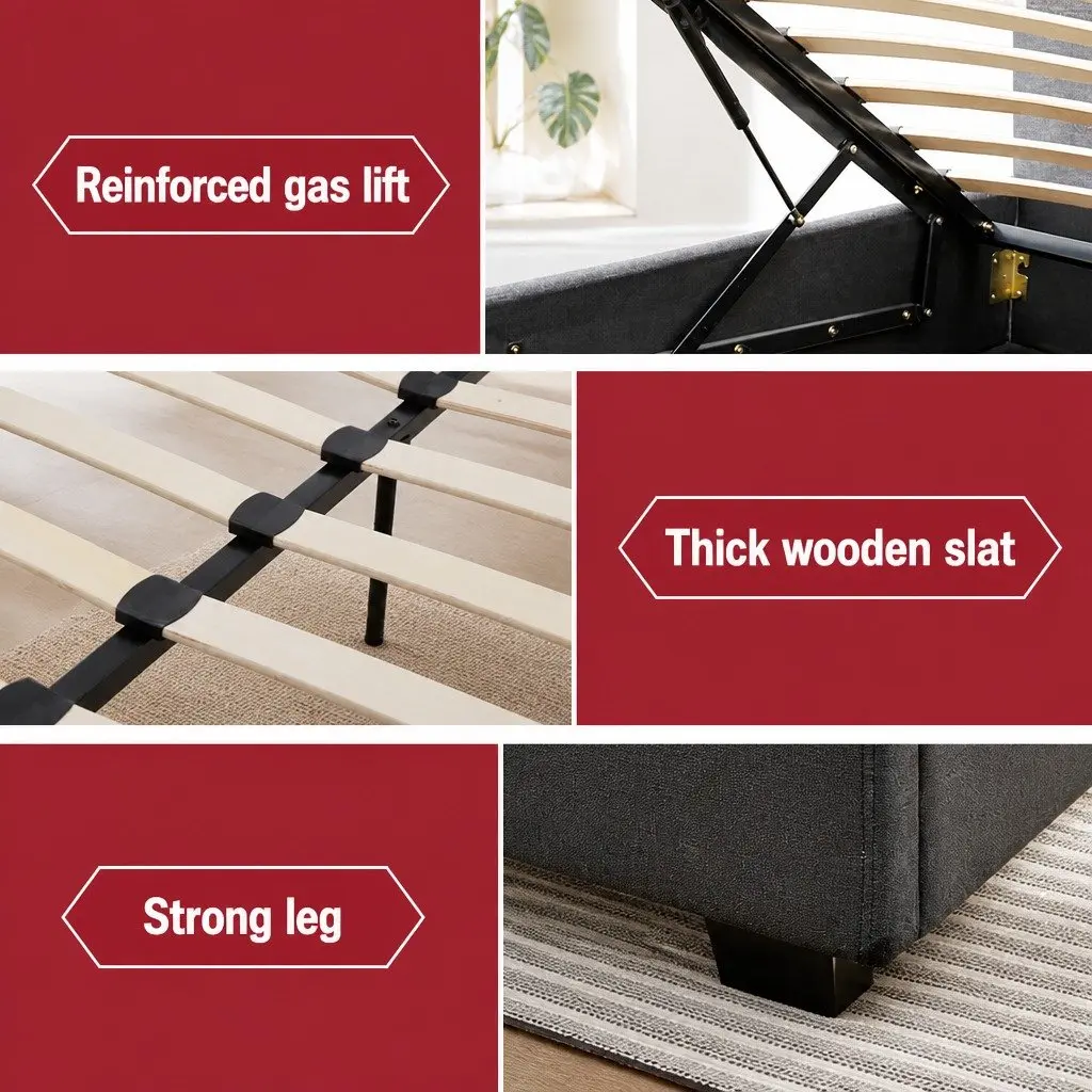 Double Size Gas Lift Bed Frame with Storage Charcoal Tufted Headboard Wooden