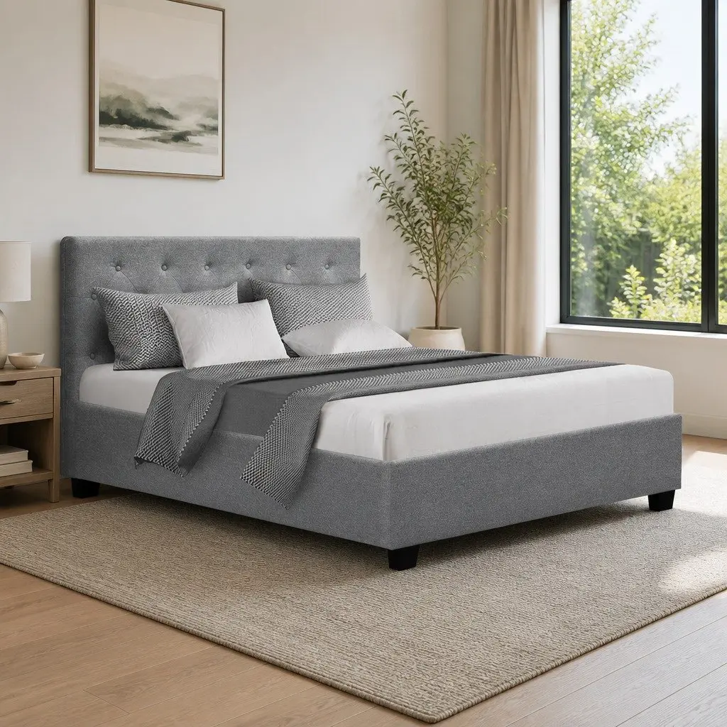 Gas Lift Bed Frame in Grey Upholstery with Storage