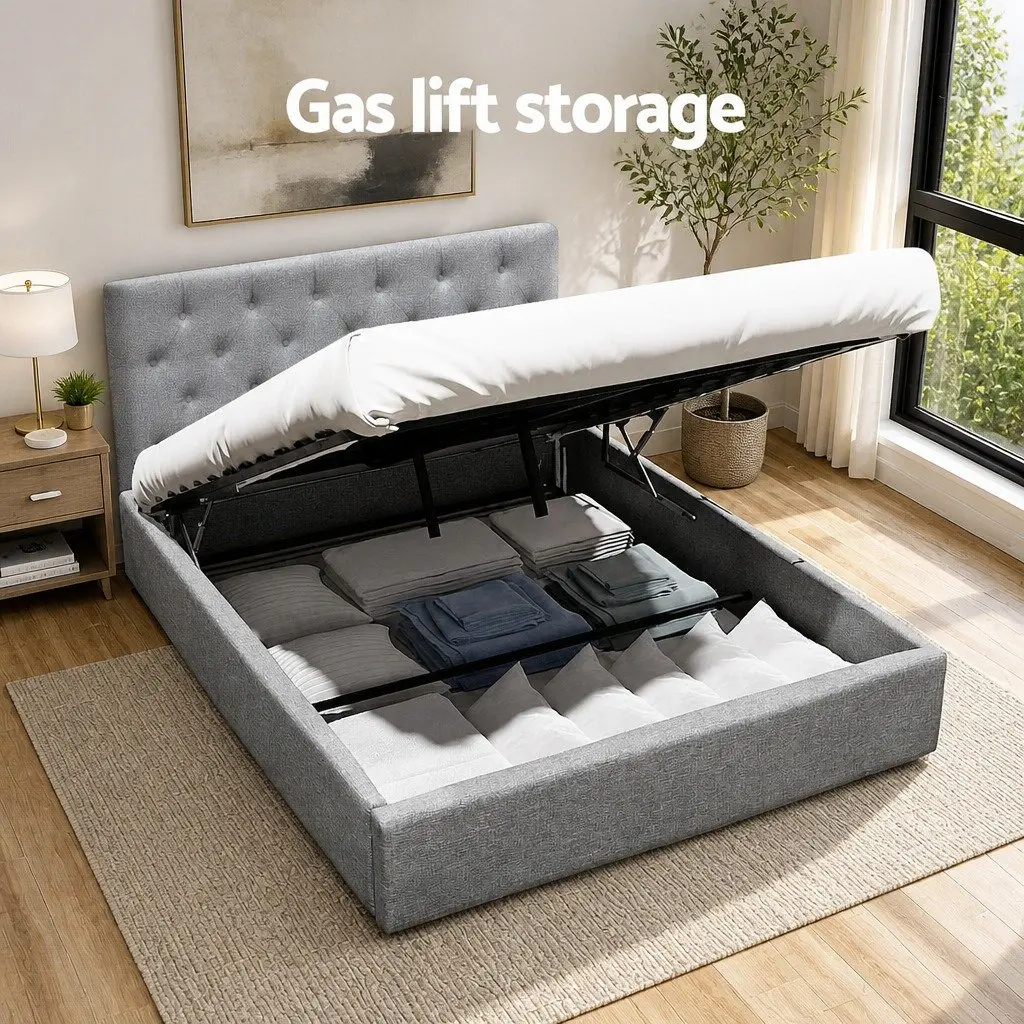 Gas Lift Bed Frame in Grey Upholstery with Storage