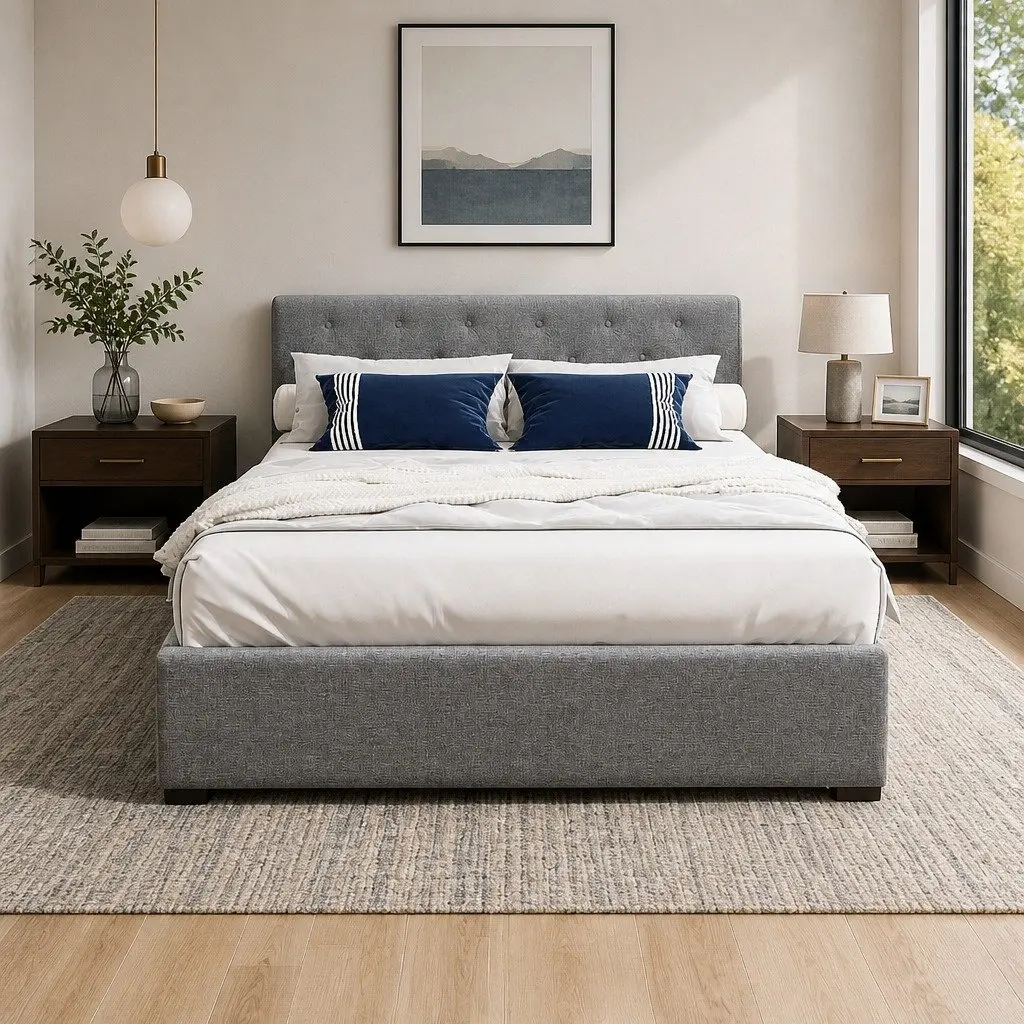 Gas Lift Bed Frame in Grey Upholstery with Storage