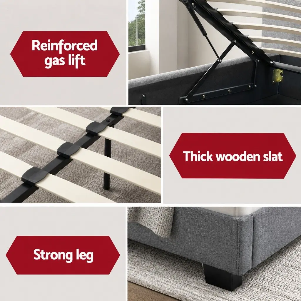 Gas Lift Bed Frame in Grey Upholstery with Storage