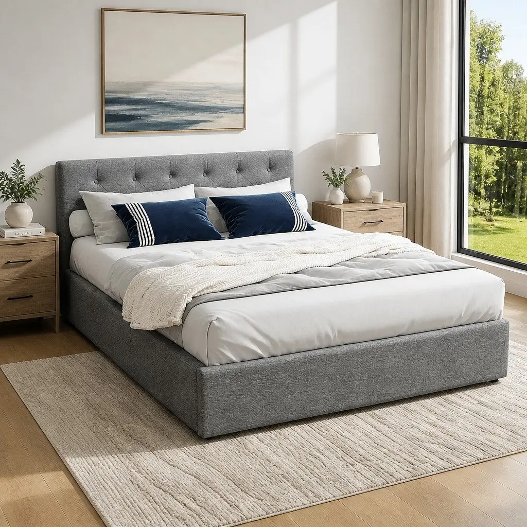 Gas Lift Bed Frame in Grey Upholstery with Storage