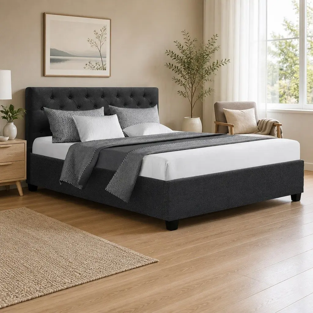 Queen Bed Frame Charcoal Tufted Headboard Wooden Slat Gas Lift Storage