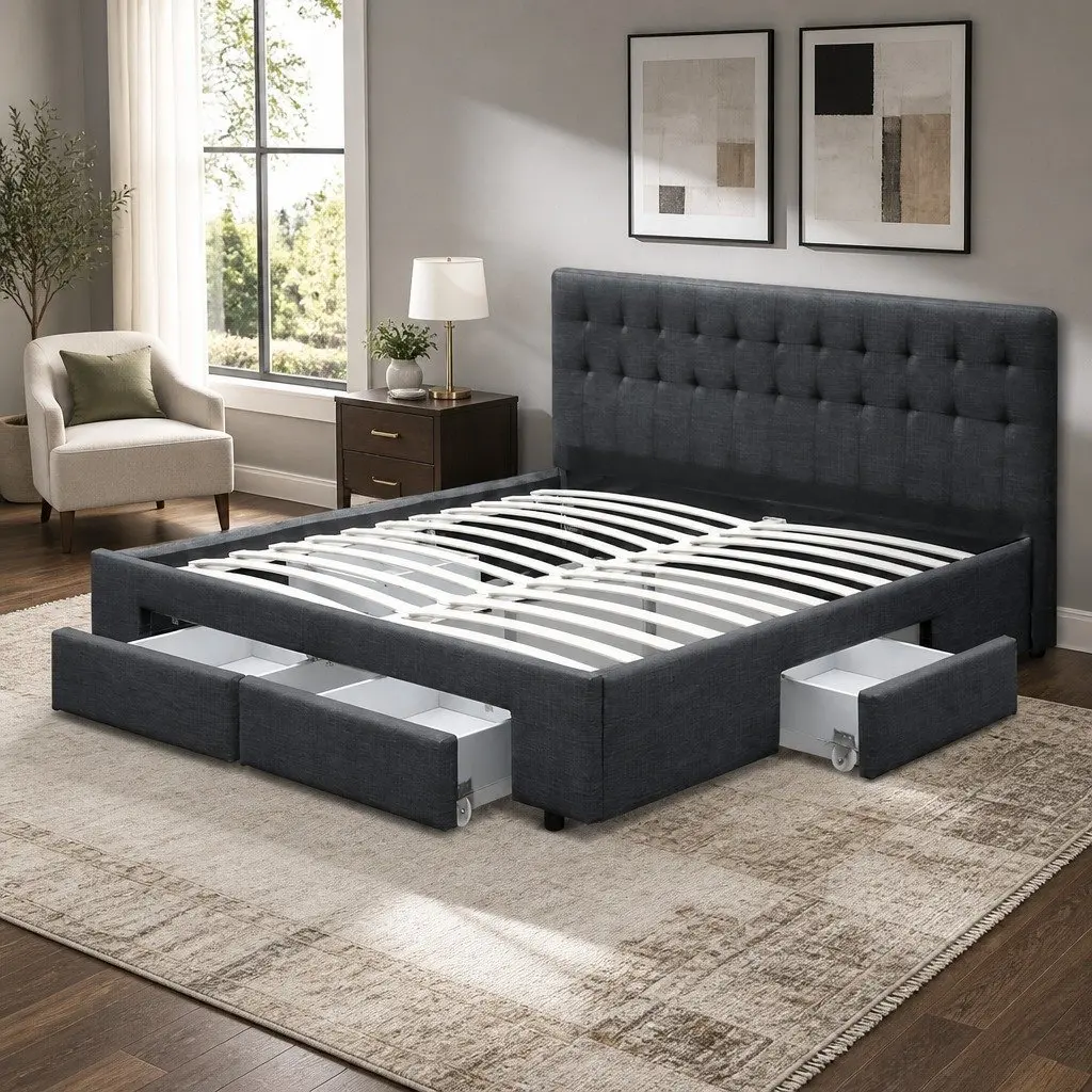 Charcoal Grey Upholstered King Size Bed Frame with Four Storage Drawers and Tufted Headboard