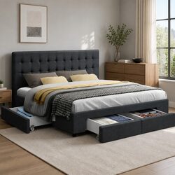 Queen Size Bed Frame with 4 Storage Drawers Charcoal Upholstered Tufted