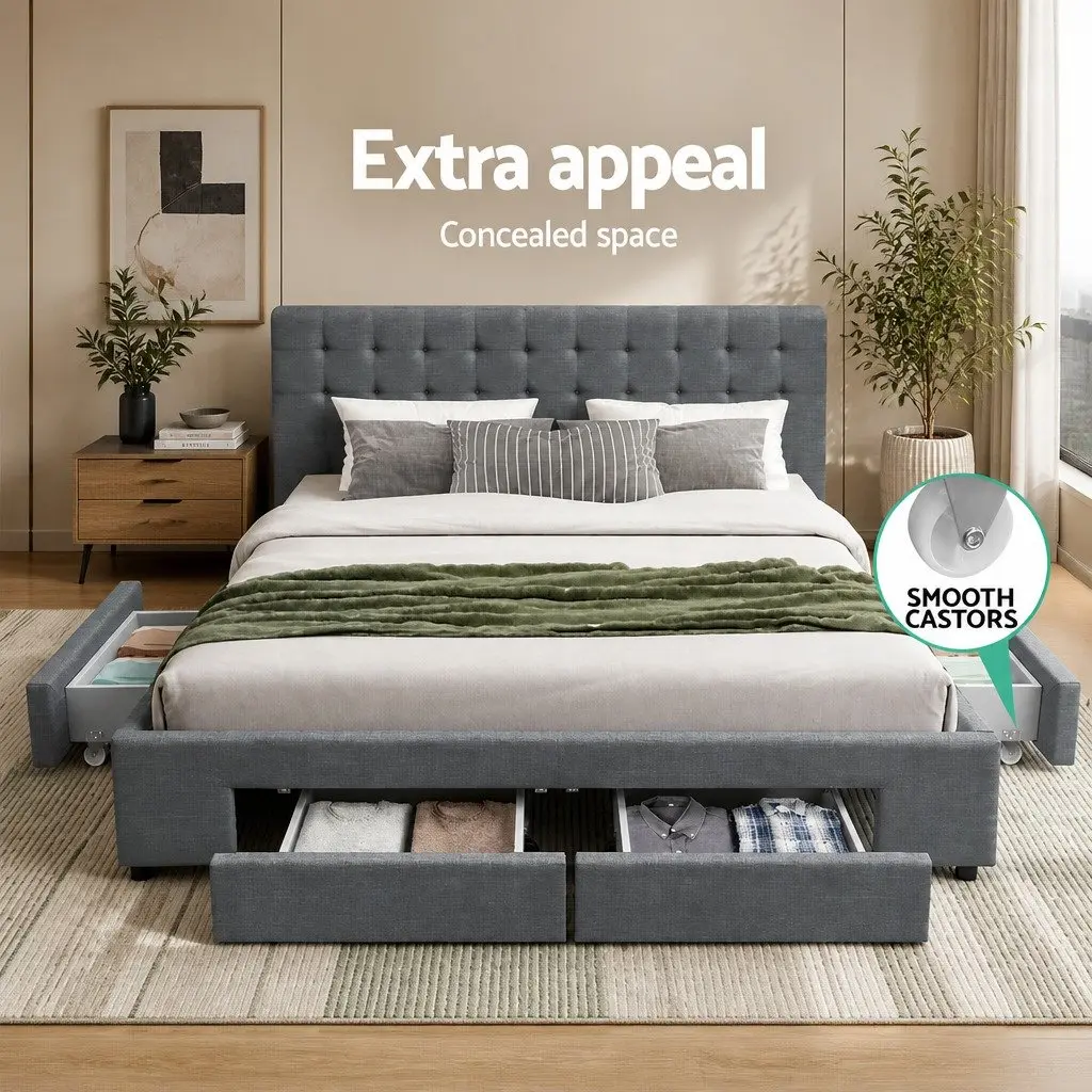 Queen Size Bed Frame with 4 Storage Drawers Tufted Headboard Grey