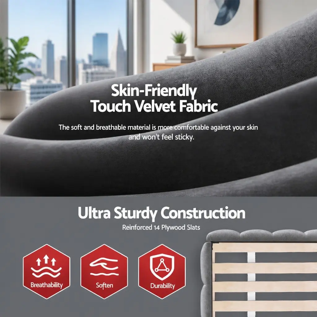 Double Size Bed Frame Grey Plush Velvet Headboard Modern Platform Base