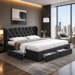 Stylish Queen Size Bed Frame with 4 Drawer Storage