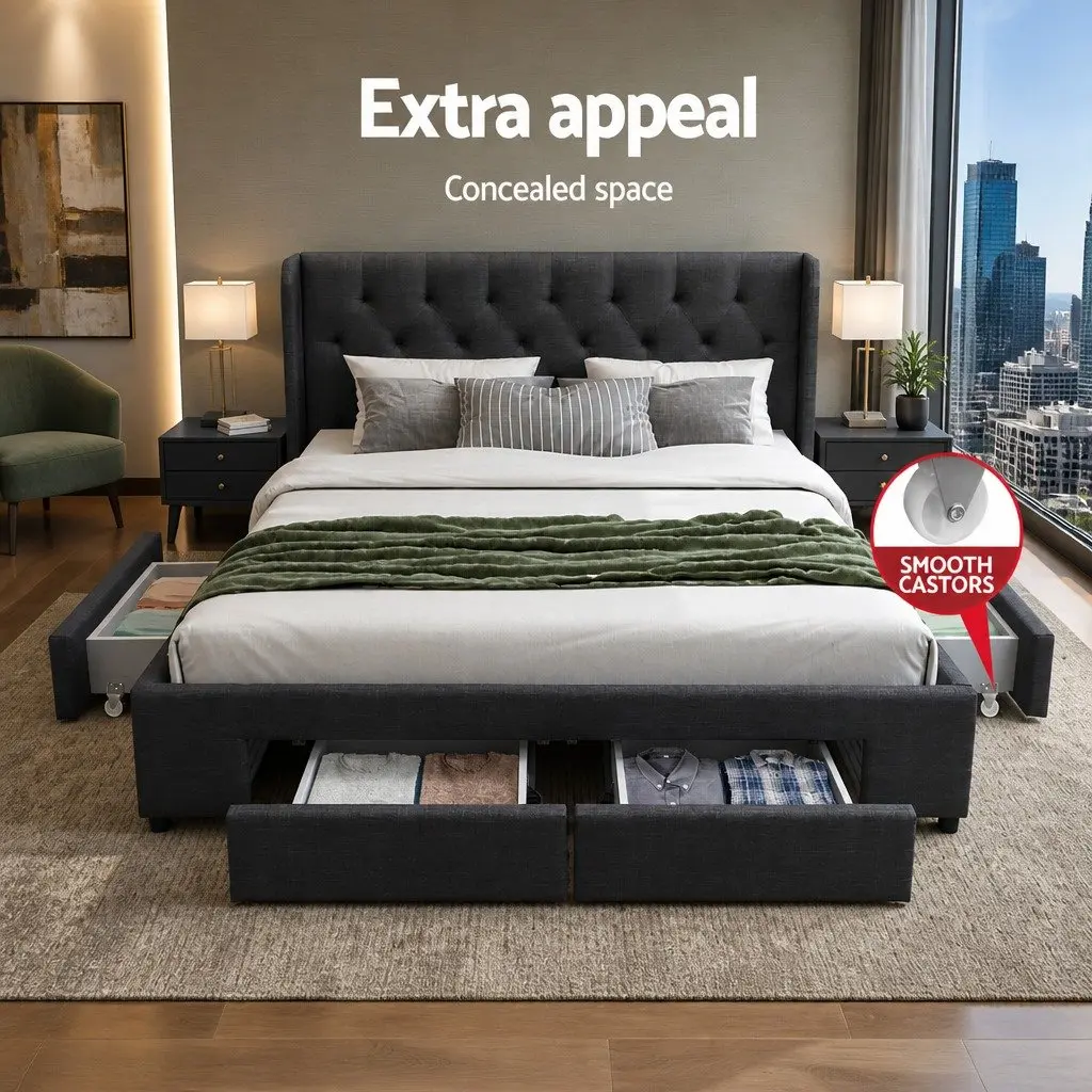 Queen Bed Frame Charcoal Upholstered with Padded High Density Foam and Four Storage Drawers