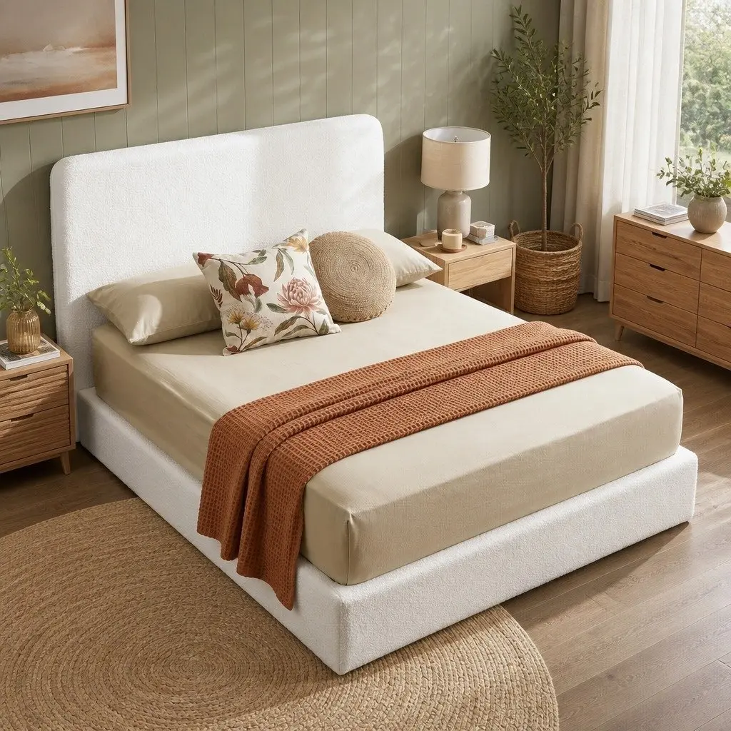 Double Bed Frame Boucle Fabric Tool-Free Instant Expansion Removable Washable Cover