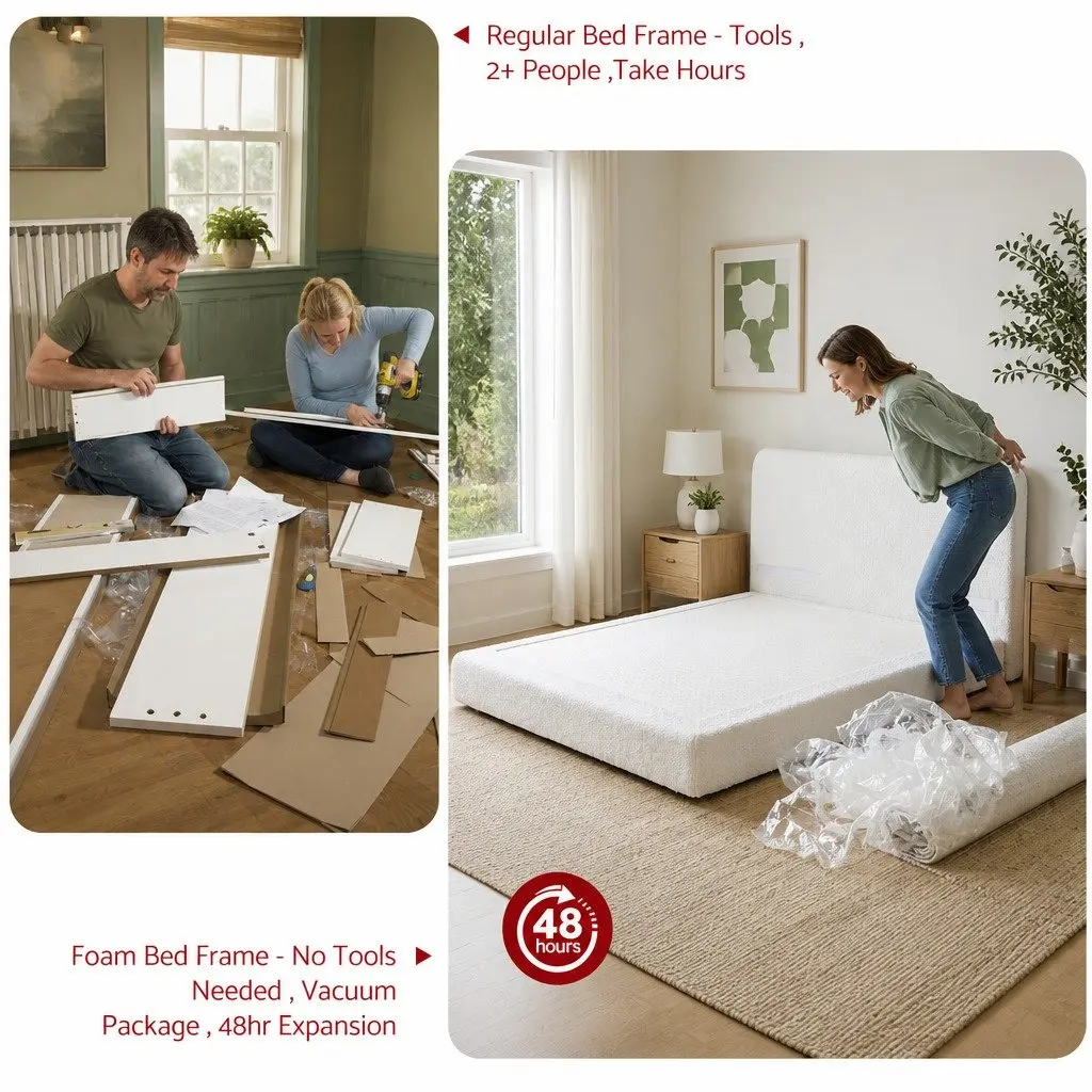 Double Bed Frame Boucle Fabric Tool-Free Instant Expansion Removable Washable Cover