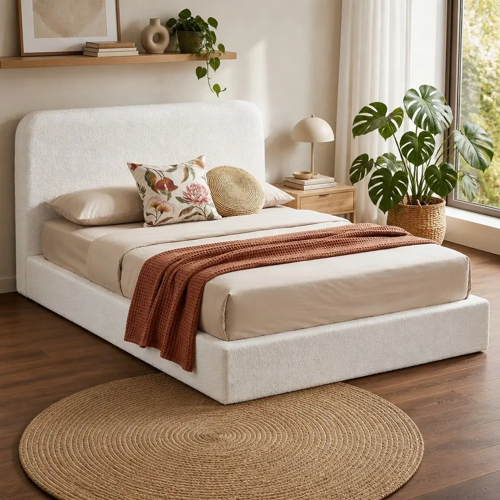 Queen Bed Frame 170.5W x 211.7L x 25H cm Soft Boucle Fabric Tool-Free Expansion White