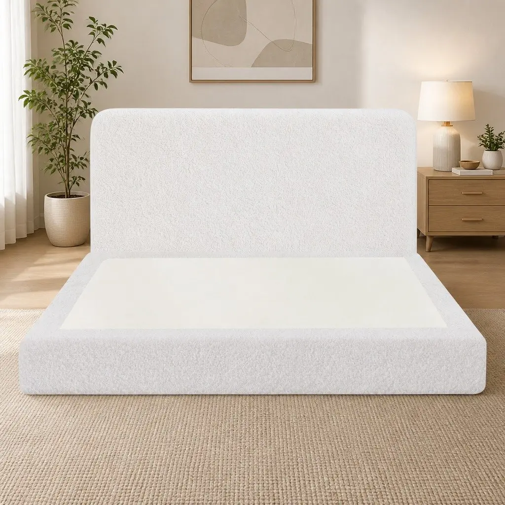 Queen Bed Frame 170.5W x 211.7L x 25H cm Soft Boucle Fabric Tool-Free Expansion White