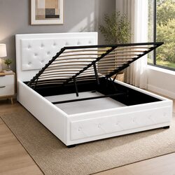 Double Size Gas Lift Bed Frame with Padded Storage in White