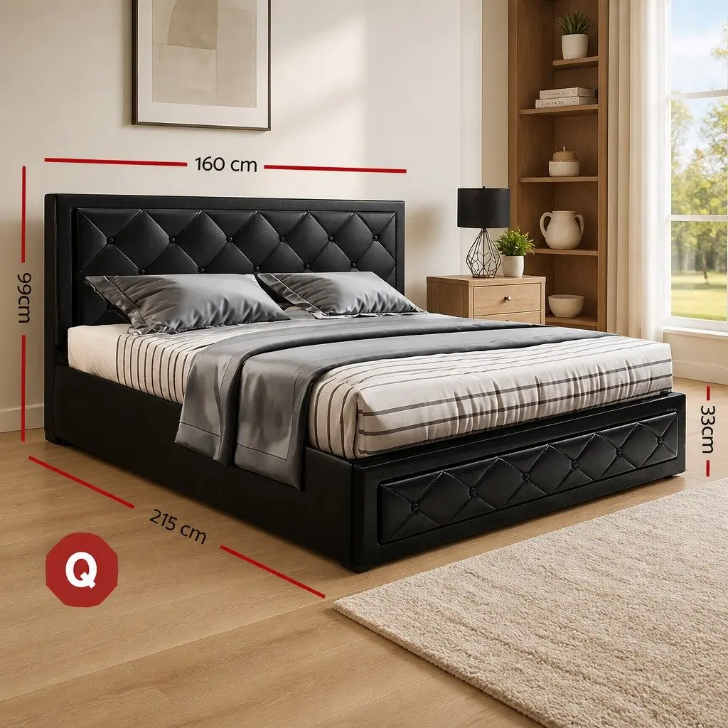 Gas Lift Bed Frame Queen Size with Storage Tufted Headboard Black Upholstered