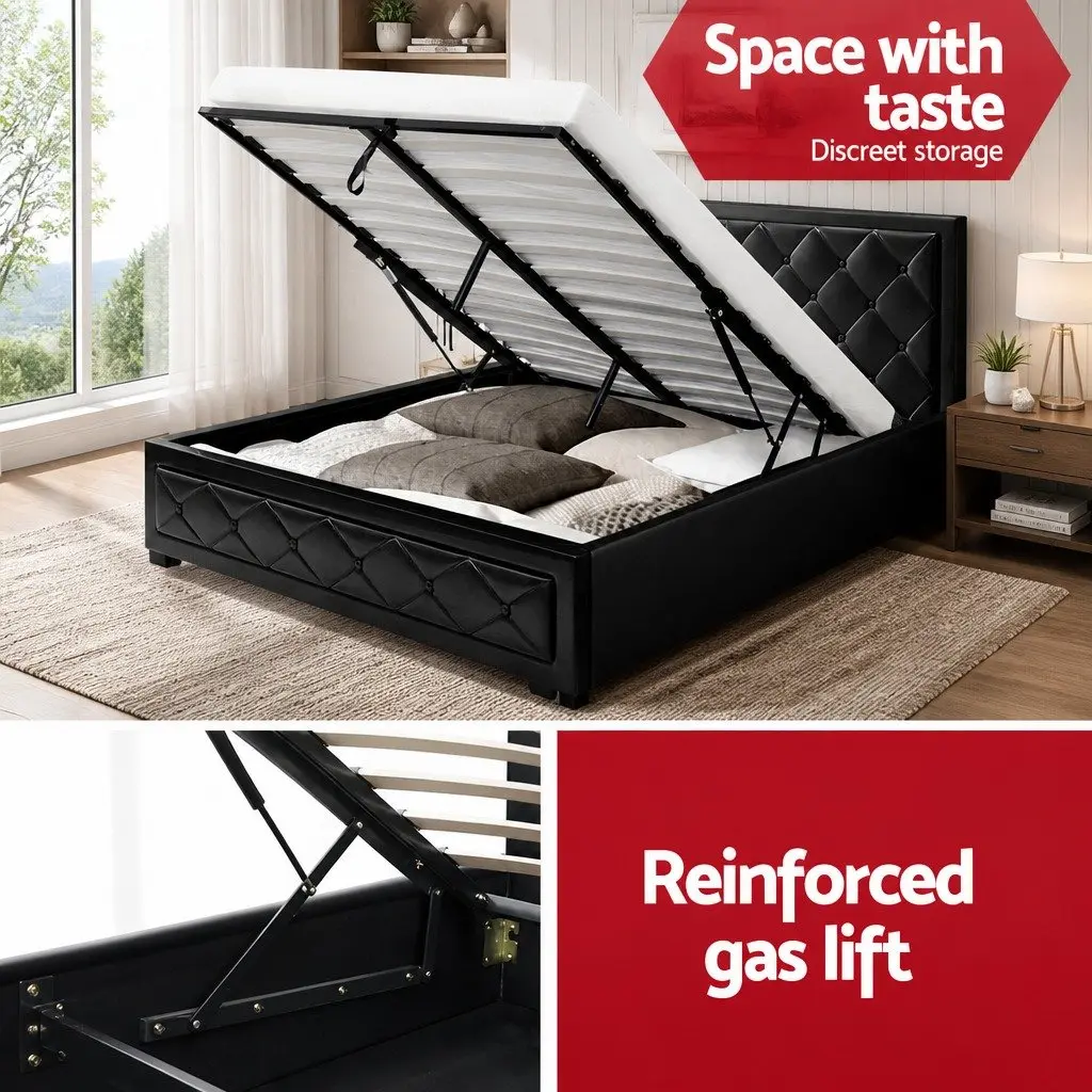 Gas Lift Bed Frame Queen Size with Storage Tufted Headboard Black Upholstered