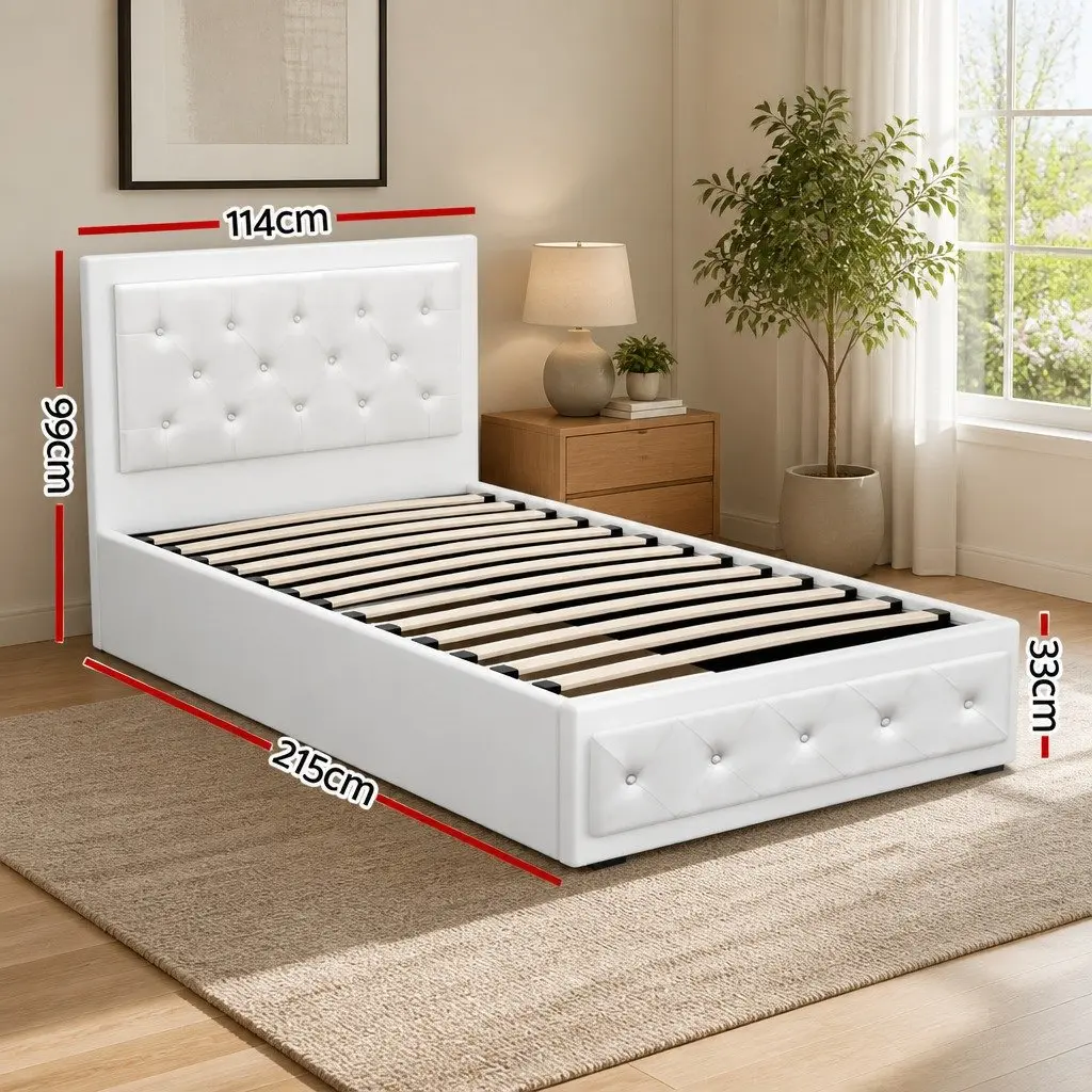 King Single Bed Frame with Upholstered Headboard Gas Lift Storage White