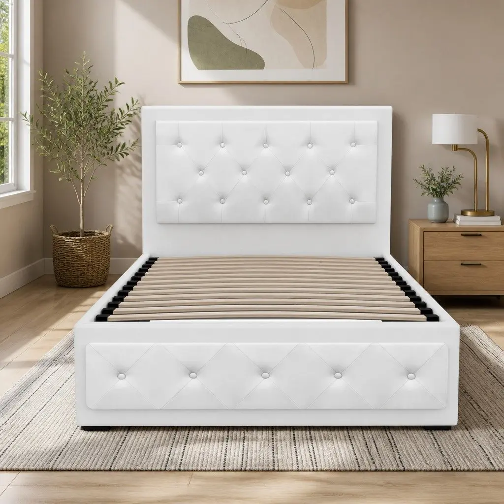 King Single Bed Frame with Upholstered Headboard Gas Lift Storage White