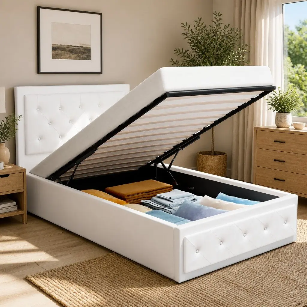 King Single Bed Frame with Upholstered Headboard Gas Lift Storage White
