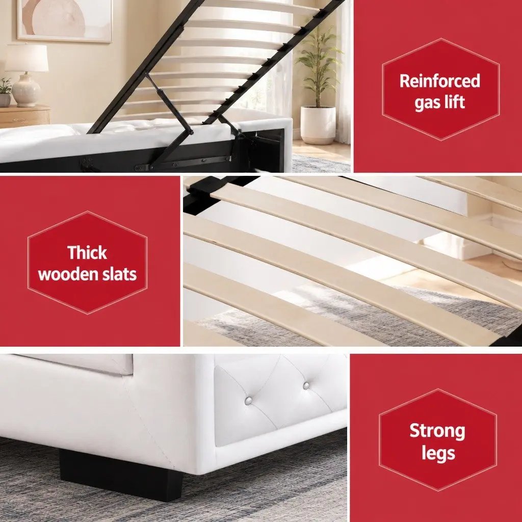 King Single Bed Frame with Upholstered Headboard Gas Lift Storage White