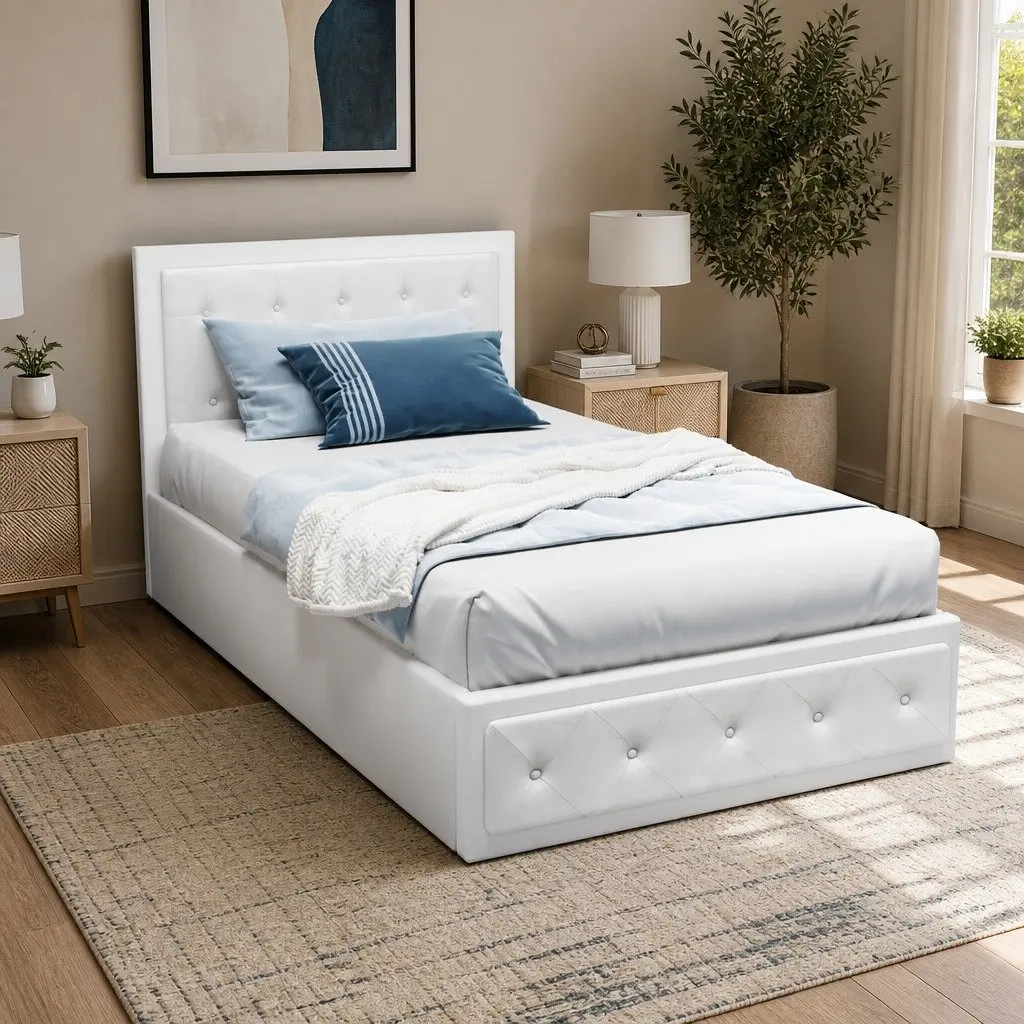 King Single Bed Frame with Upholstered Headboard Gas Lift Storage White