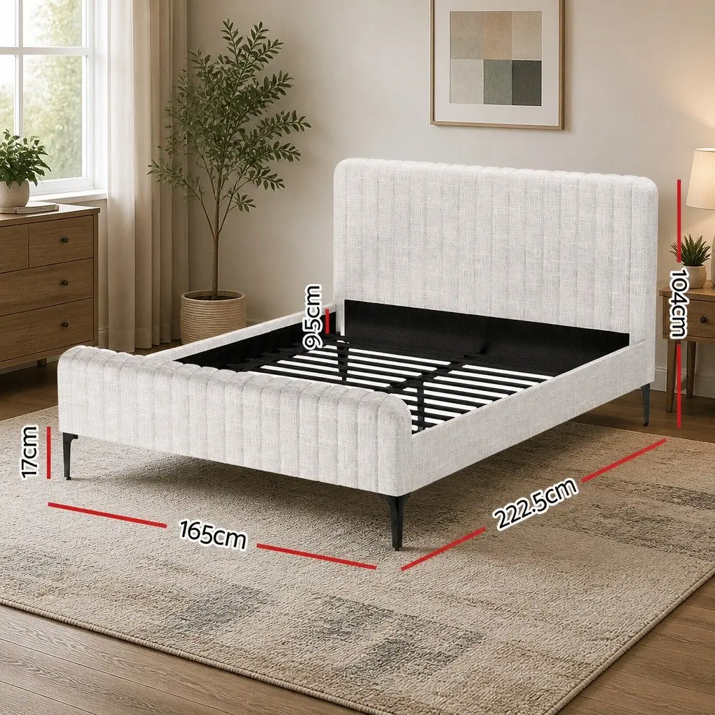 Queen Size Bed Frame Beige Upholstered Fabric with Matching Headboard and Strong Centre Support Beams