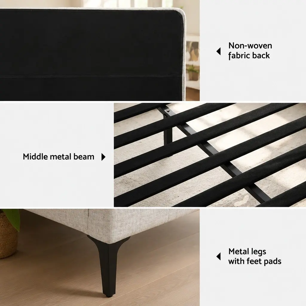 Queen Size Bed Frame Beige Upholstered Fabric with Matching Headboard and Strong Centre Support Beams