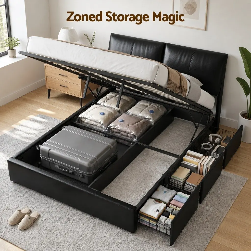 Gas Lift Queen Bed Frame Black with 3 Drawer Storage and Adjustable Headboard for Modern Bedrooms