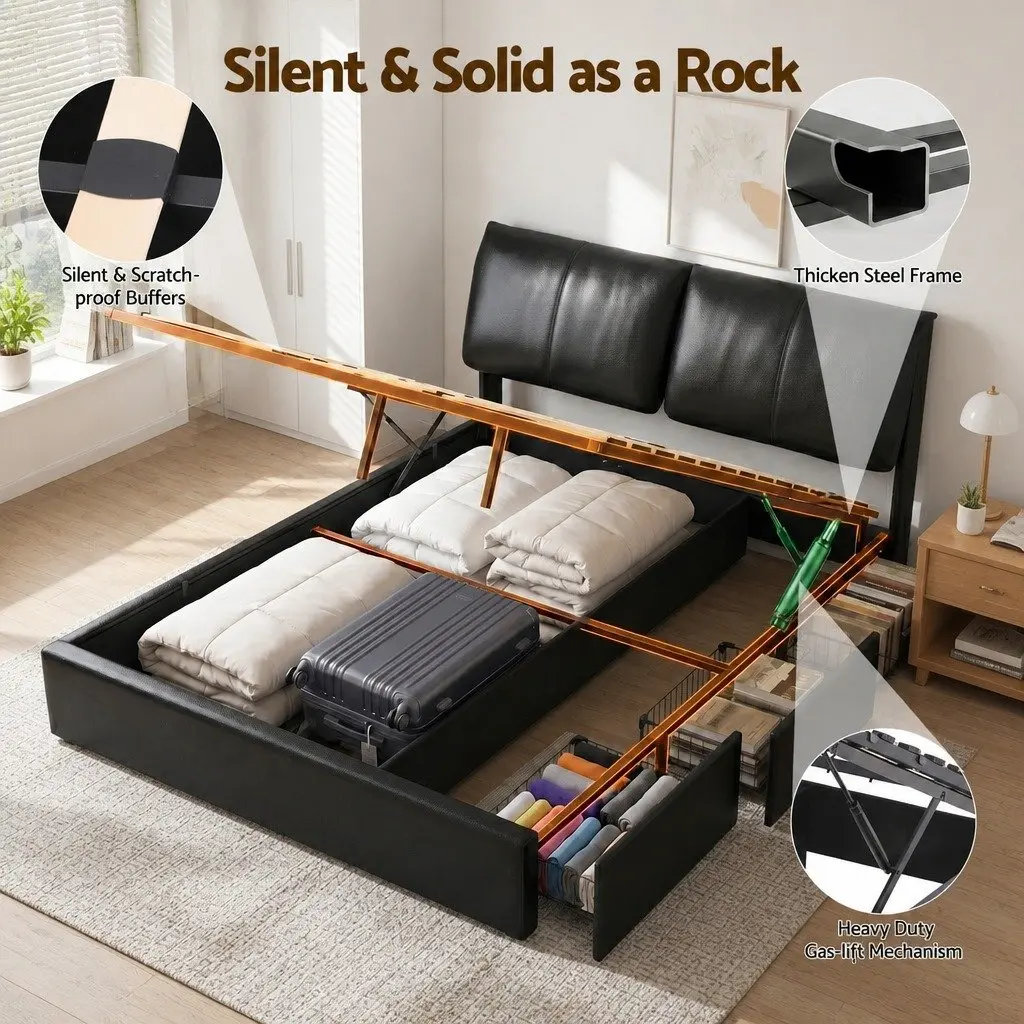 Gas Lift Queen Bed Frame Black with 3 Drawer Storage and Adjustable Headboard for Modern Bedrooms