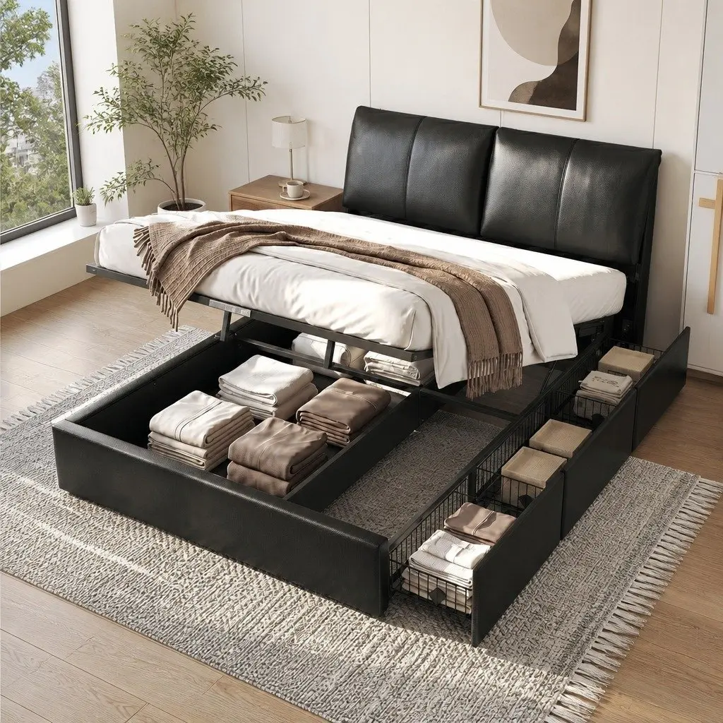 Gas Lift Queen Bed Frame Black with 3 Drawer Storage and Adjustable Headboard for Modern Bedrooms