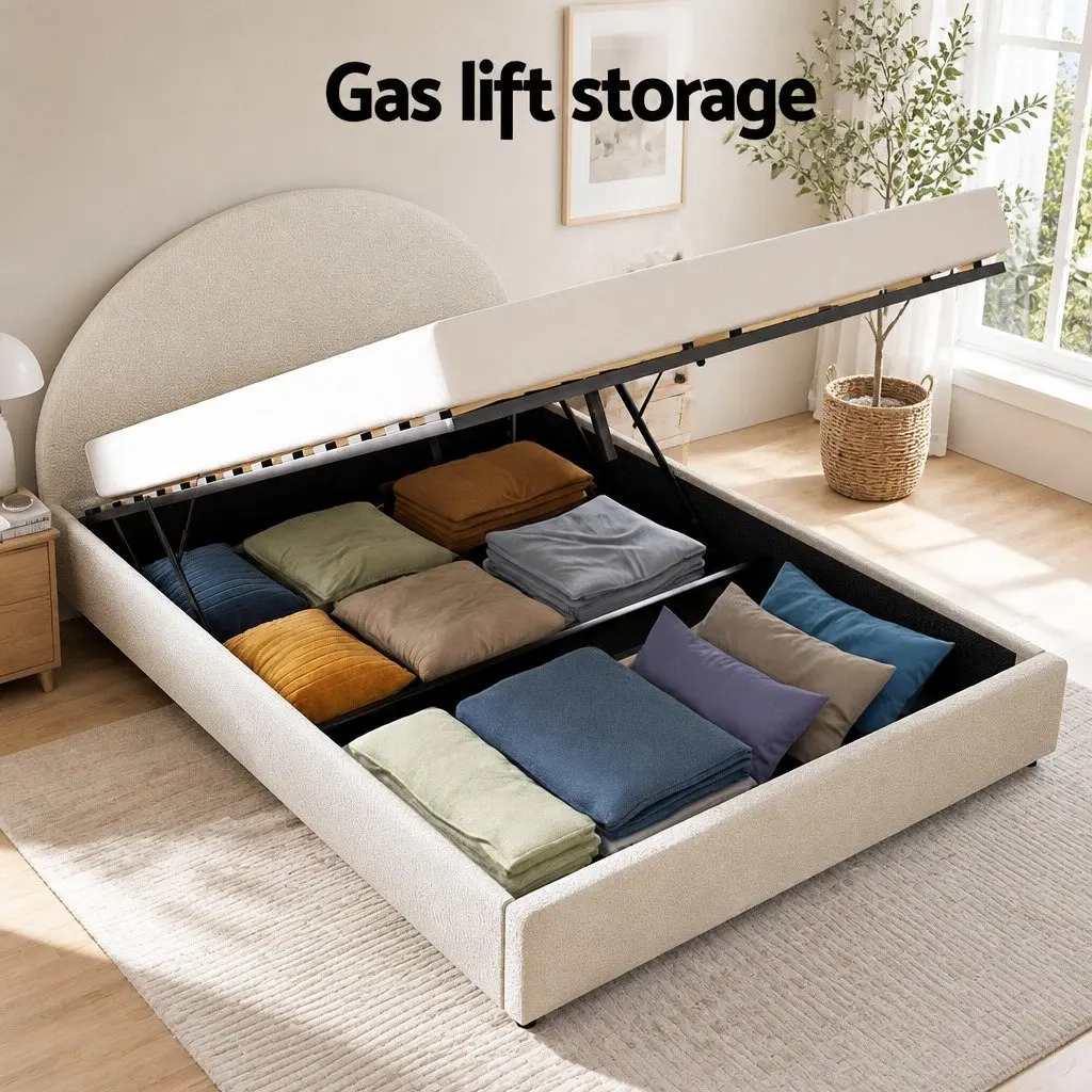 Double Gas Lift Storage Bed Frame Double Size Padded Headboard Boucle Fabric
