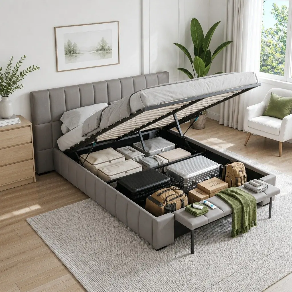 Double Bed Frame Grey Gas Lift Storage Upholstered Foldable Bench