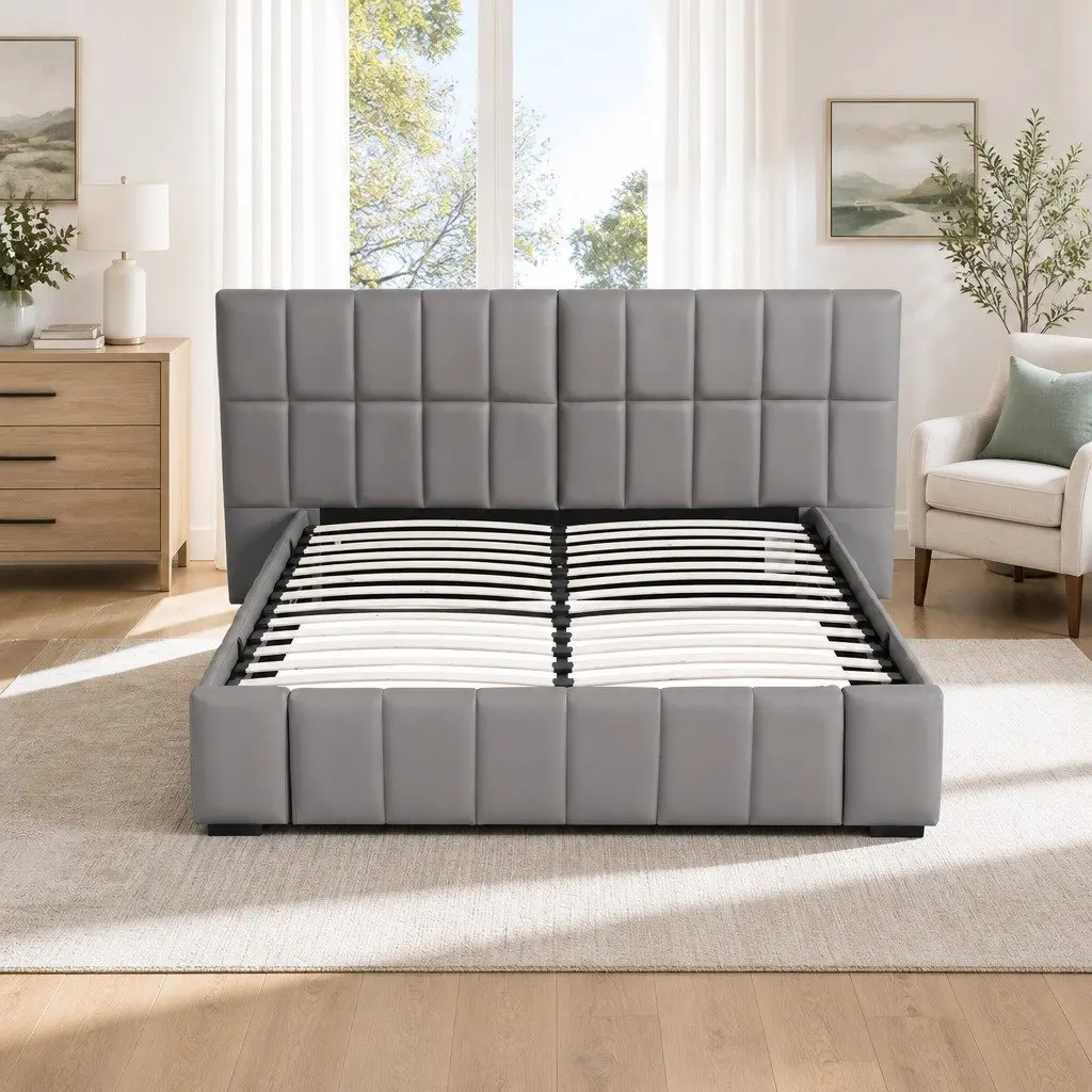 Double Bed Frame Grey Gas Lift Storage Upholstered Foldable Bench