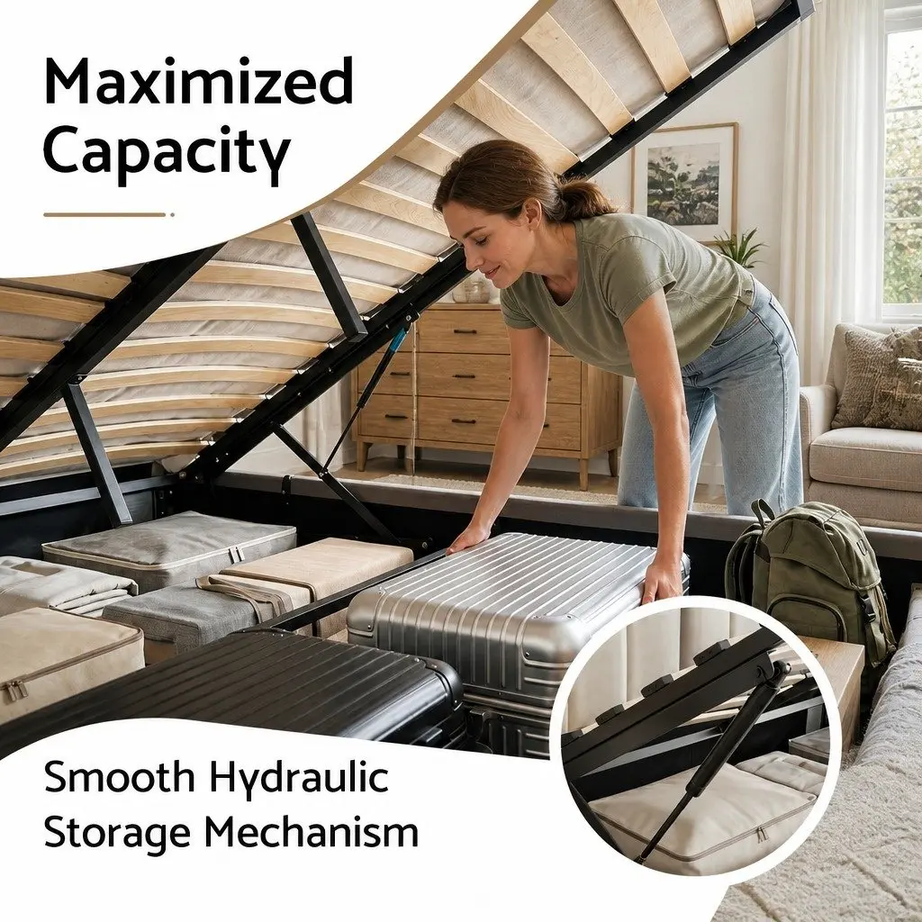 Double Bed Frame Grey Gas Lift Storage Upholstered Foldable Bench