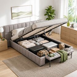 Queen Size Gas Lift Upholstered Bed Frame with Foldable Bench Storage Grey