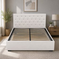 Stylish Queen Bed Frame with Gas Lift Storage in Beige