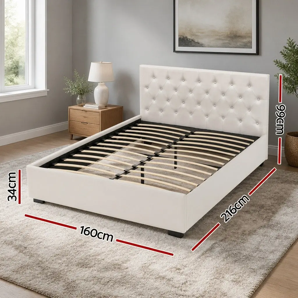 Queen Size Gas Lift Storage Bed Frame Beige Upholstered Bedroom Furniture